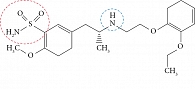 Рис. 4. Химическая формула тамсулозина. Синим пунктиром отмечен участок, взаимодействующий с активным центром АР (фармакодинамика)